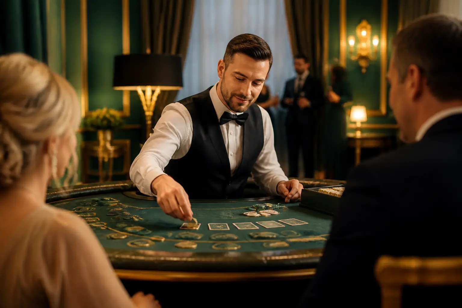 Elegancki stół gier towarzyskich z żetonami pokazowymi i krupierem