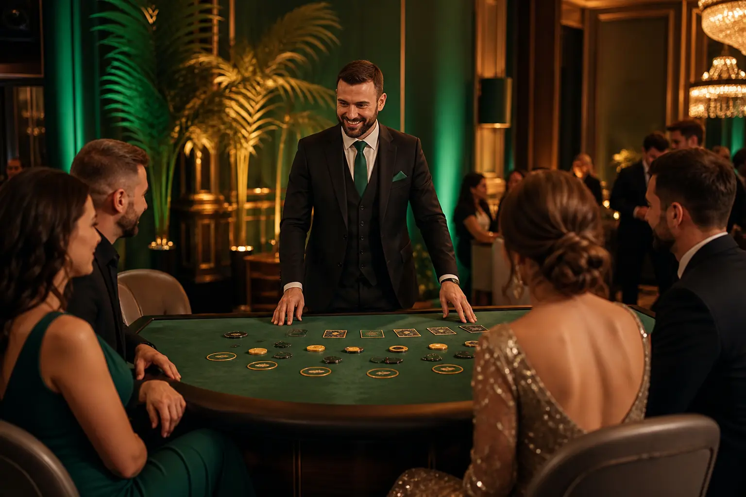 Profesjonalny prowadzący przy eleganckim stole gier towarzyskich