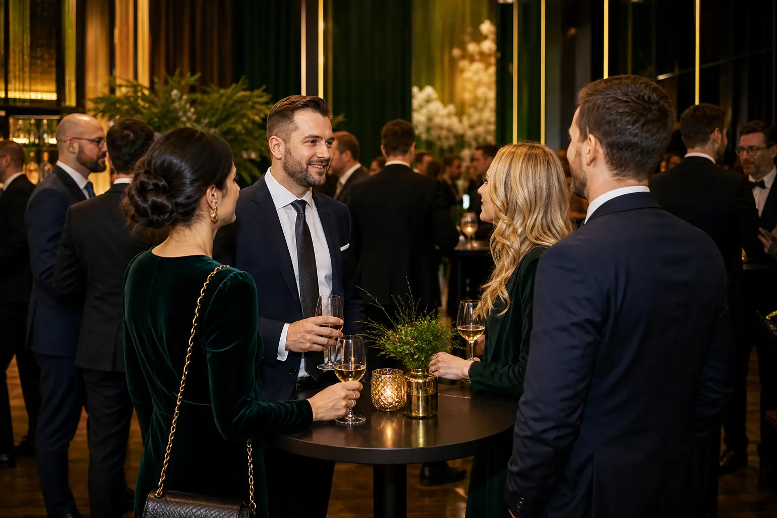 Wieczór firmowy — goście w eleganckich strojach rozmawiają przy stołach