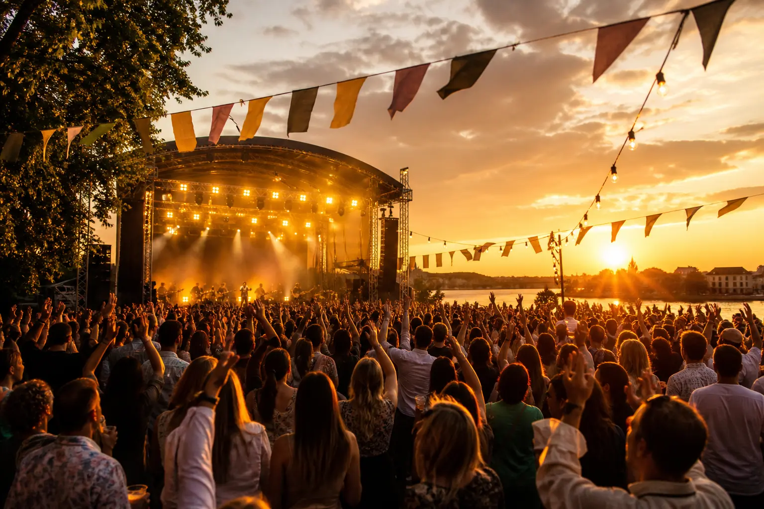 Letni festiwal plenerowy — scena i tłum gości o zachodzie słońca