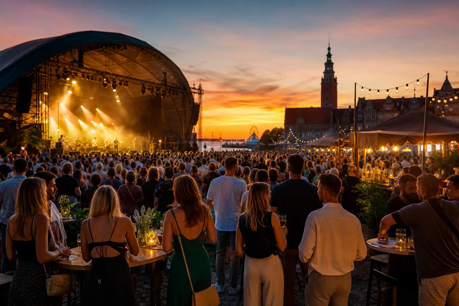 Letni festiwal miejski w Gdańsku ze sceną i tłumem gości