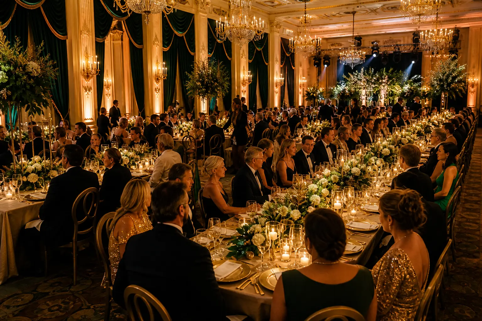 Elegancka gala bankietowa w wielkiej sali z dekoracjami